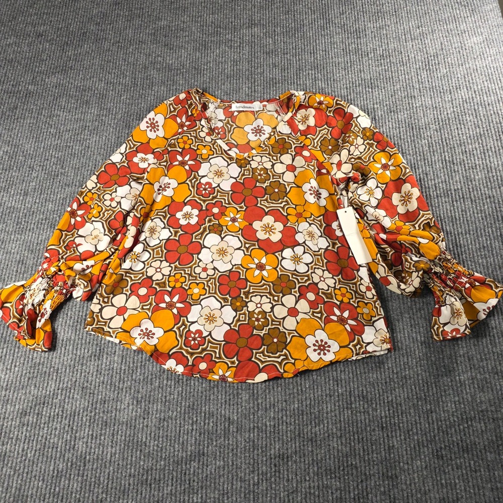 Trendmates Womens Retro 70s Floral V-Neck Blouse Orange Brown Smocked Cuff S NWT